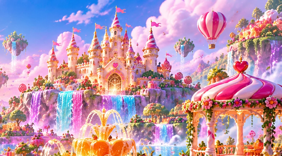 The candy castle and colourful waterfalls above the fruit kingdom