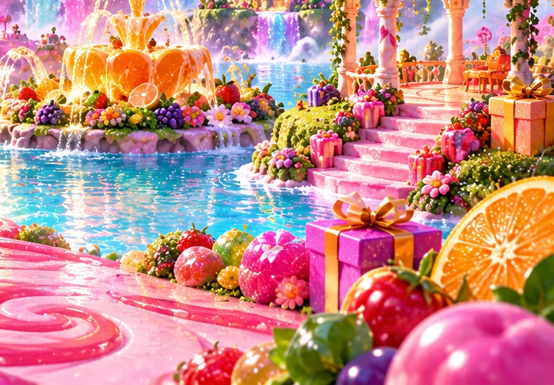 A pink candy pavilion, wrapped gifts and fruit beside the lagoon
