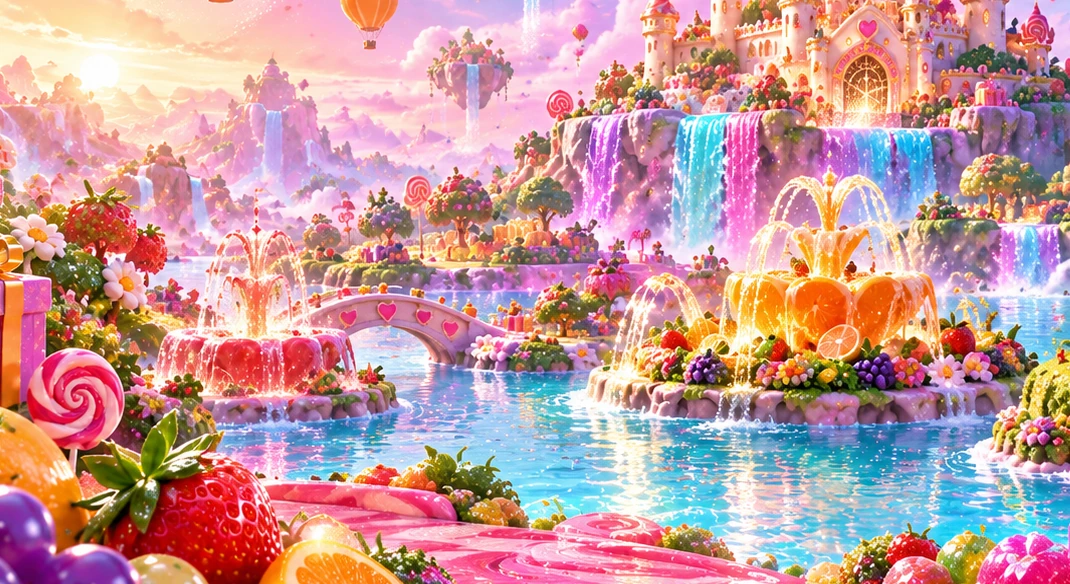 Citrus fountains and candy bridges in a glossy fruit-filled landscape