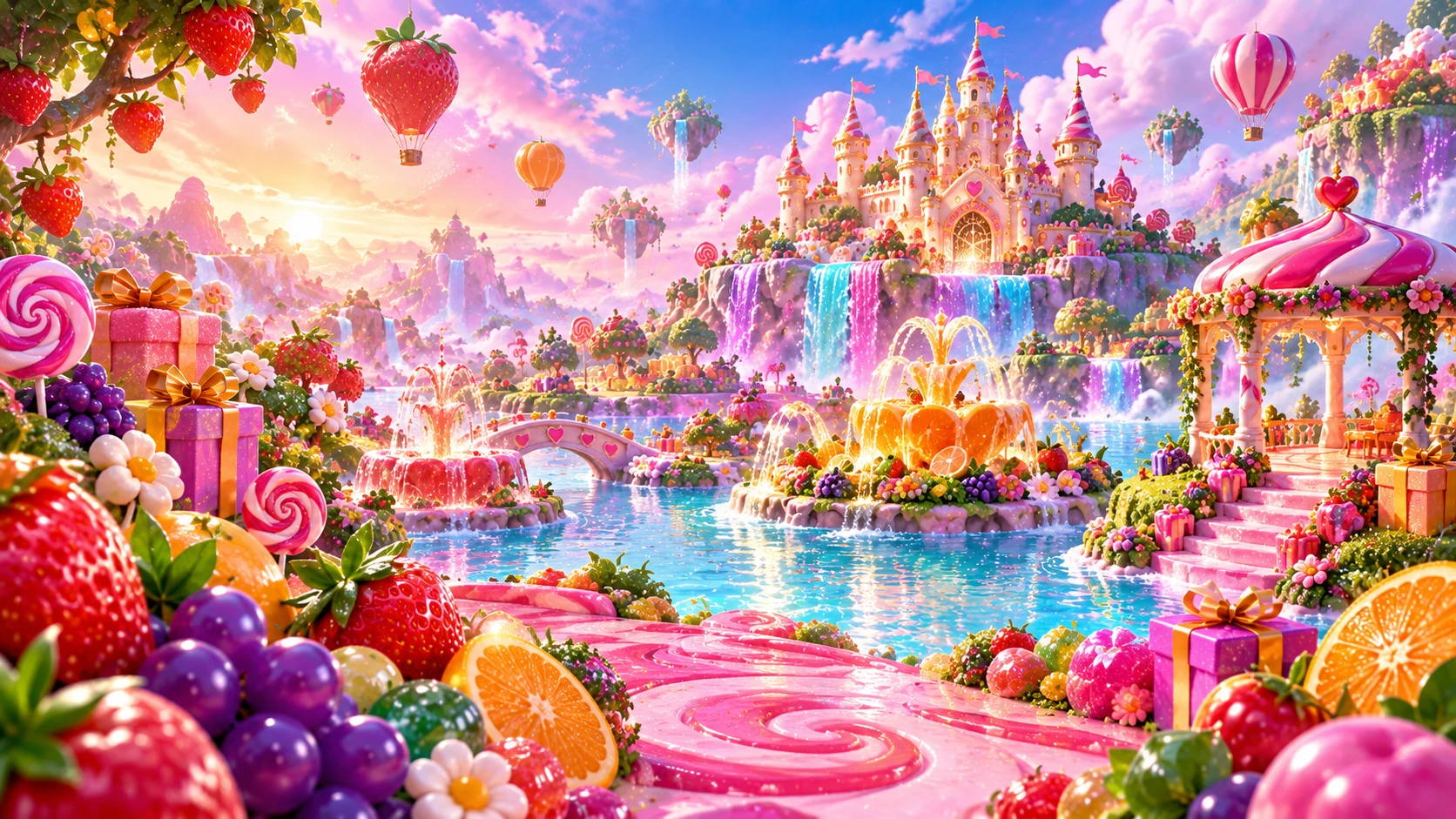 A bright fruit-and-candy kingdom with citrus fountains, giant berries and a frosted castle